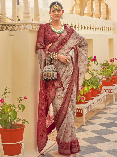 Lovely Grey Floral Printed Chiffon Festival Wear Saree With Blouse